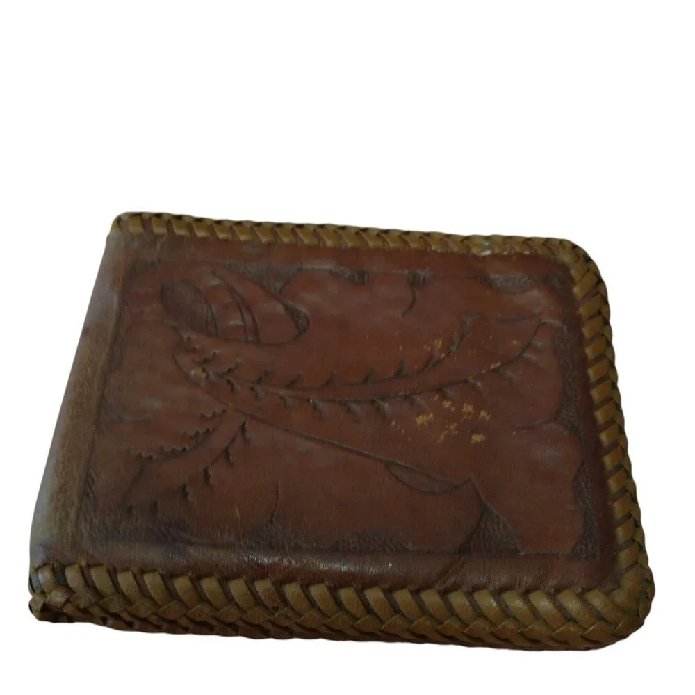 Vintage Tooled Leather Floral Bifold Wallet Brown Classic 3.5 X 4.5 Inches